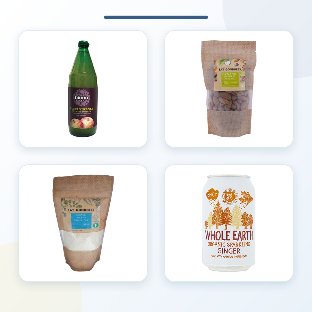 Organic Kitchen Essentials Bundle – Biona Cider Vinegar, Almonds, Chickpea Flour & Ginger Sparkling product bundle