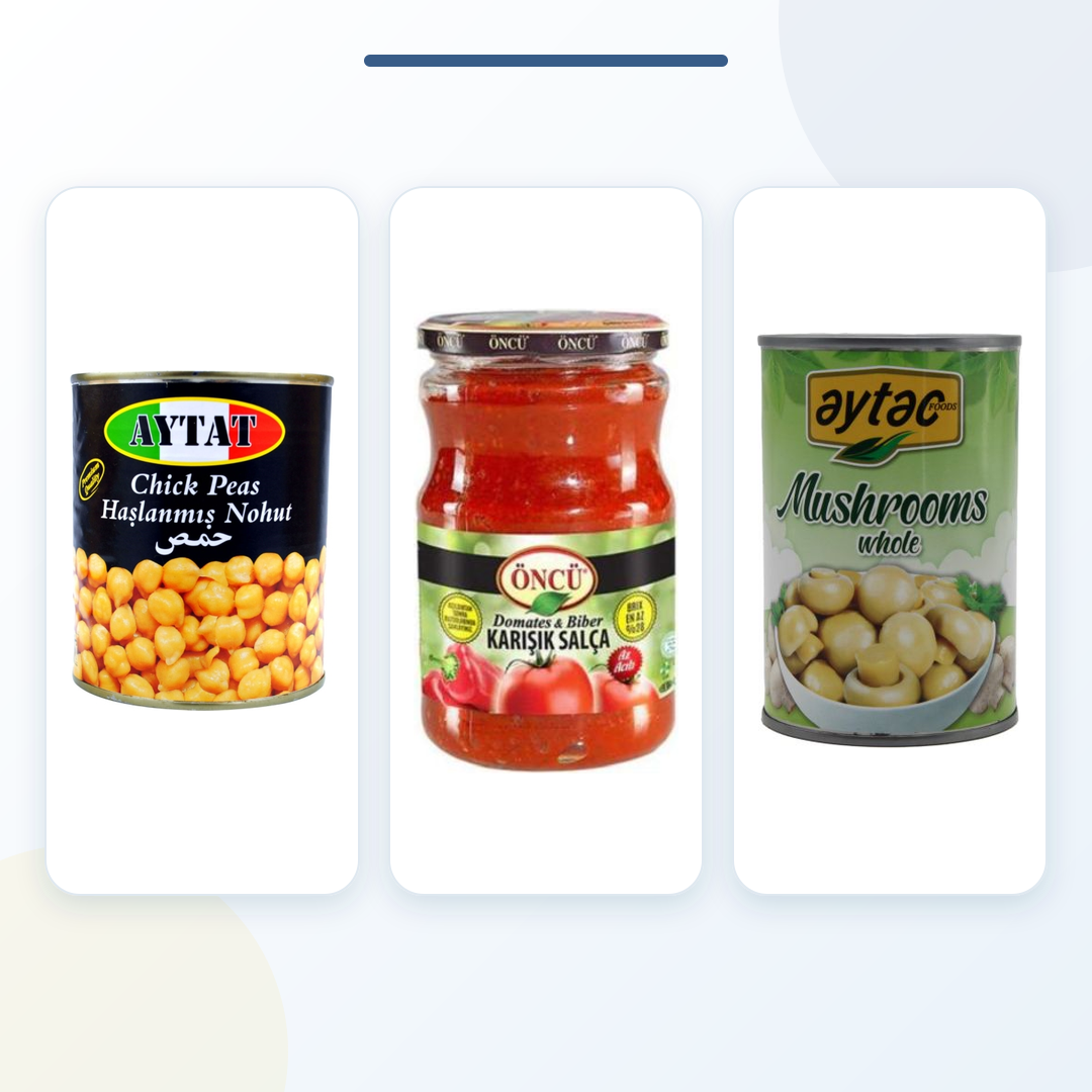 Aytac Mediterranean Pantry Bundle – Chickpeas 800G, Oncu Tomato Pepper Mix Paste 700G & Whole Canned Mushrooms 284G product bundle