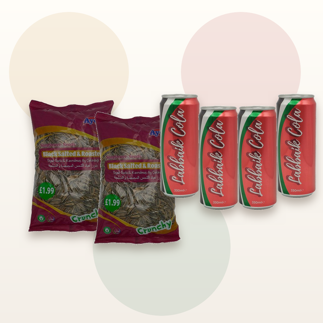 Two Aycan Salted Sunflower Seeds bags and four Labbaik Cola cans bundle