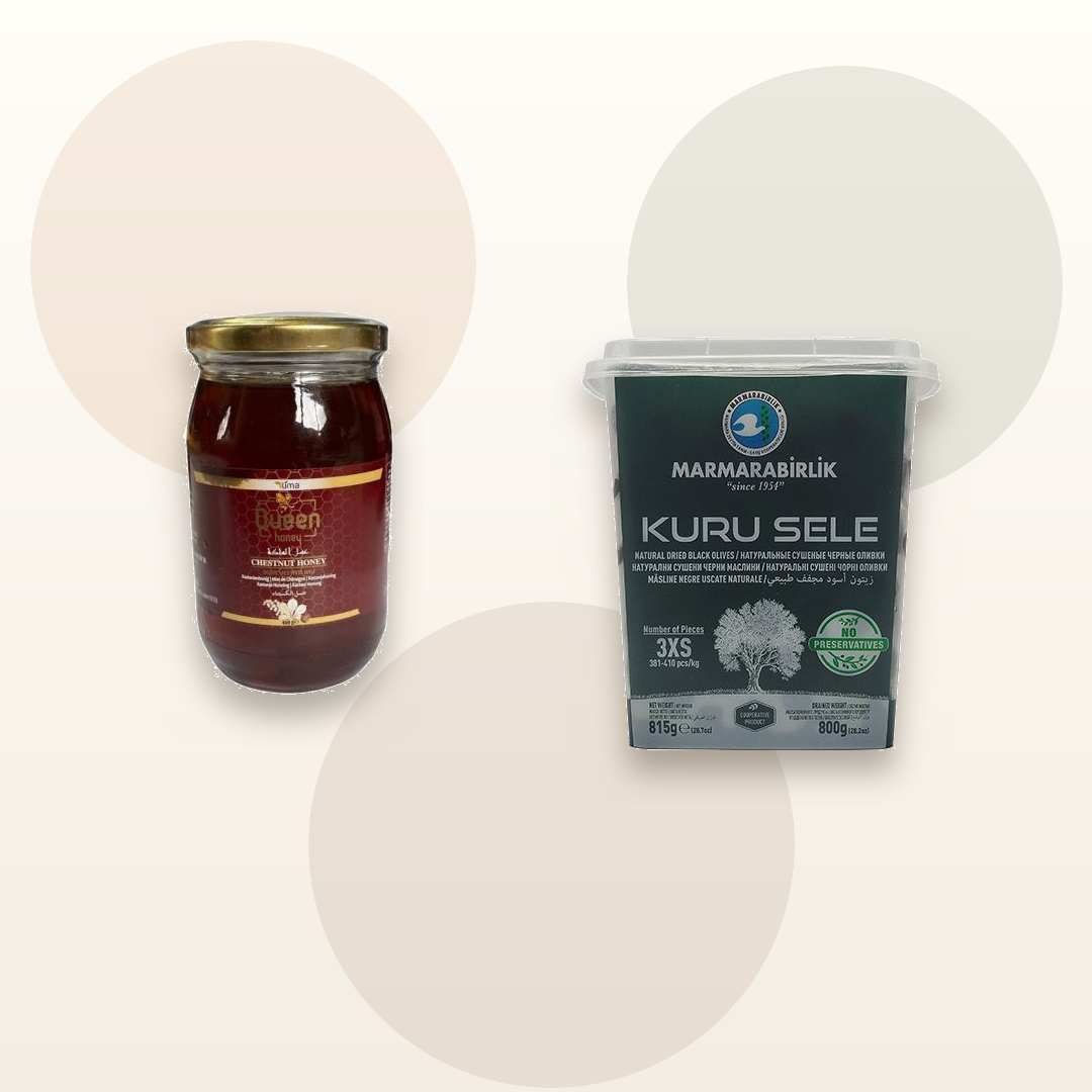 Queen Chestnut Honey and Marmarabirlik Kuru Sele Black Olives bundle