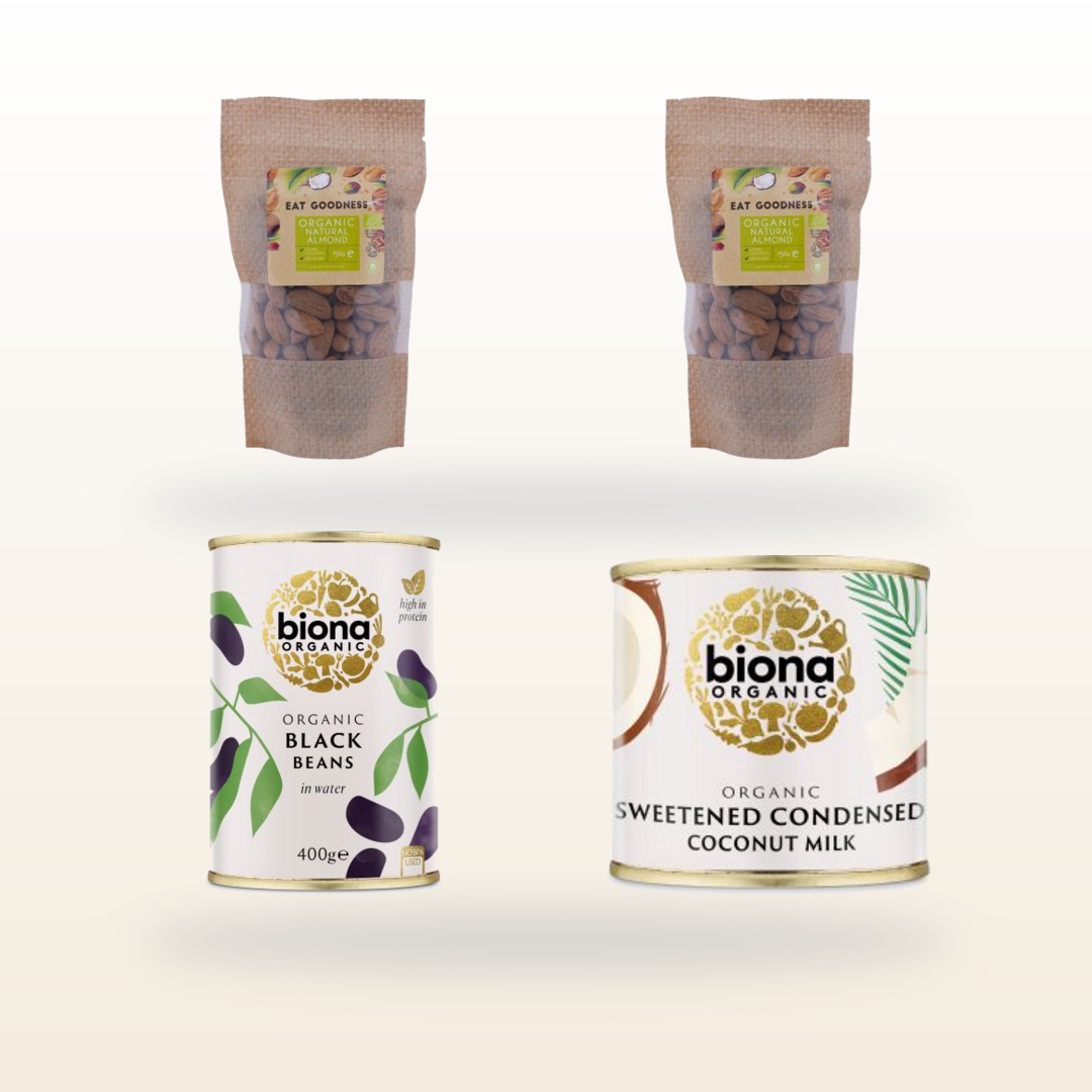 Organic Goodness Collection with two Eat Goodness almond packs, Biona black beans and condensed coconut milk