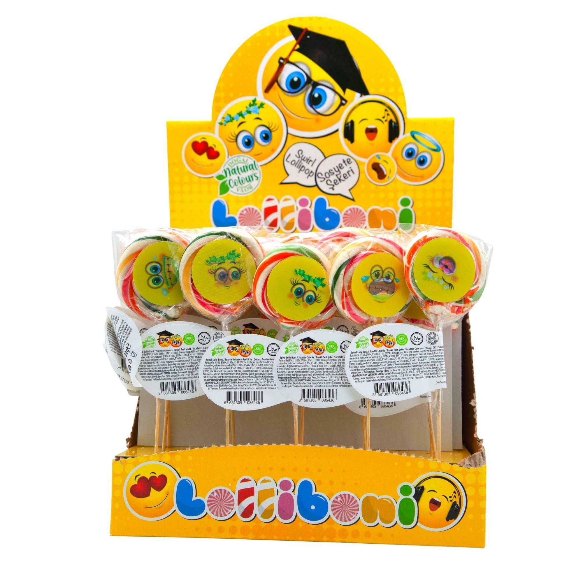 Lolliboni Crazy Face Swirl Lollipop (30 Gr X 50 Pcs) - Aytac Foods