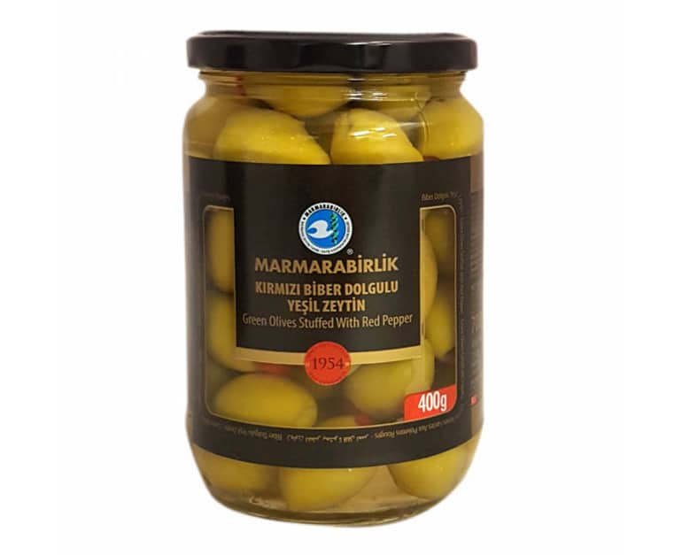 Marmara Birlik Jar Green Olives Stuffed W.Red Pepper (400G) - Aytac Foods