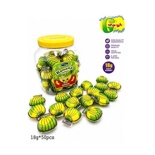 Jellyman Banana gummy sweets in a 50-piece jar