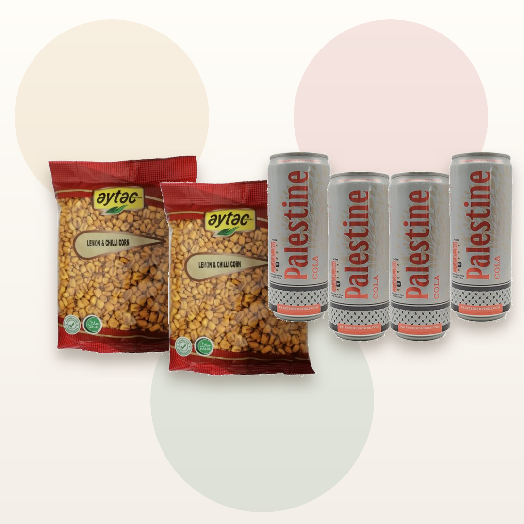 Two Aytac Lemon Chilli Corn bags and four Yaffa Palestine Cola cans bundle