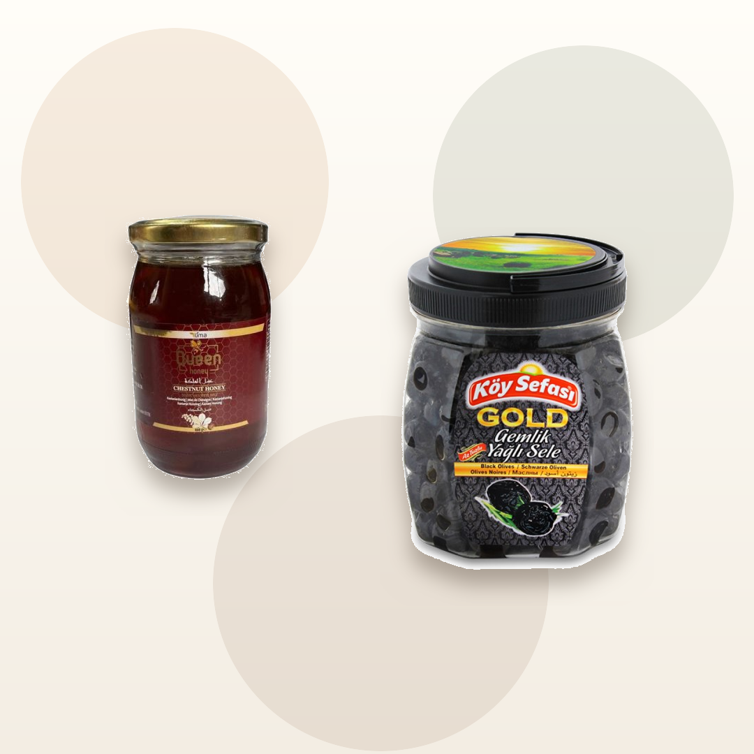 Queen Chestnut Honey and Koy Sefasi Gold Black Olives bundle