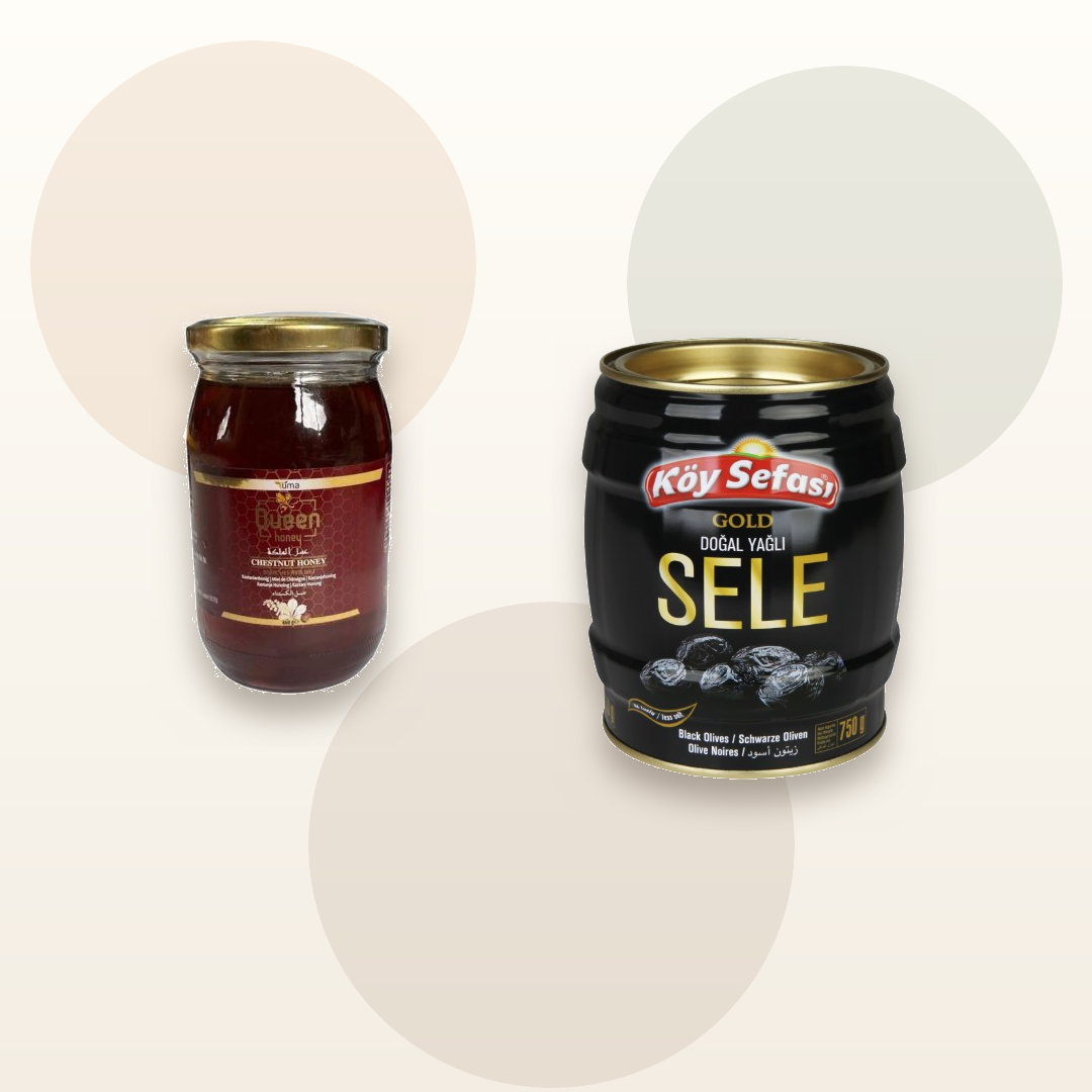 Queen Chestnut Honey and Koy Sefasi Natural Oily Sele Black Olives bundle
