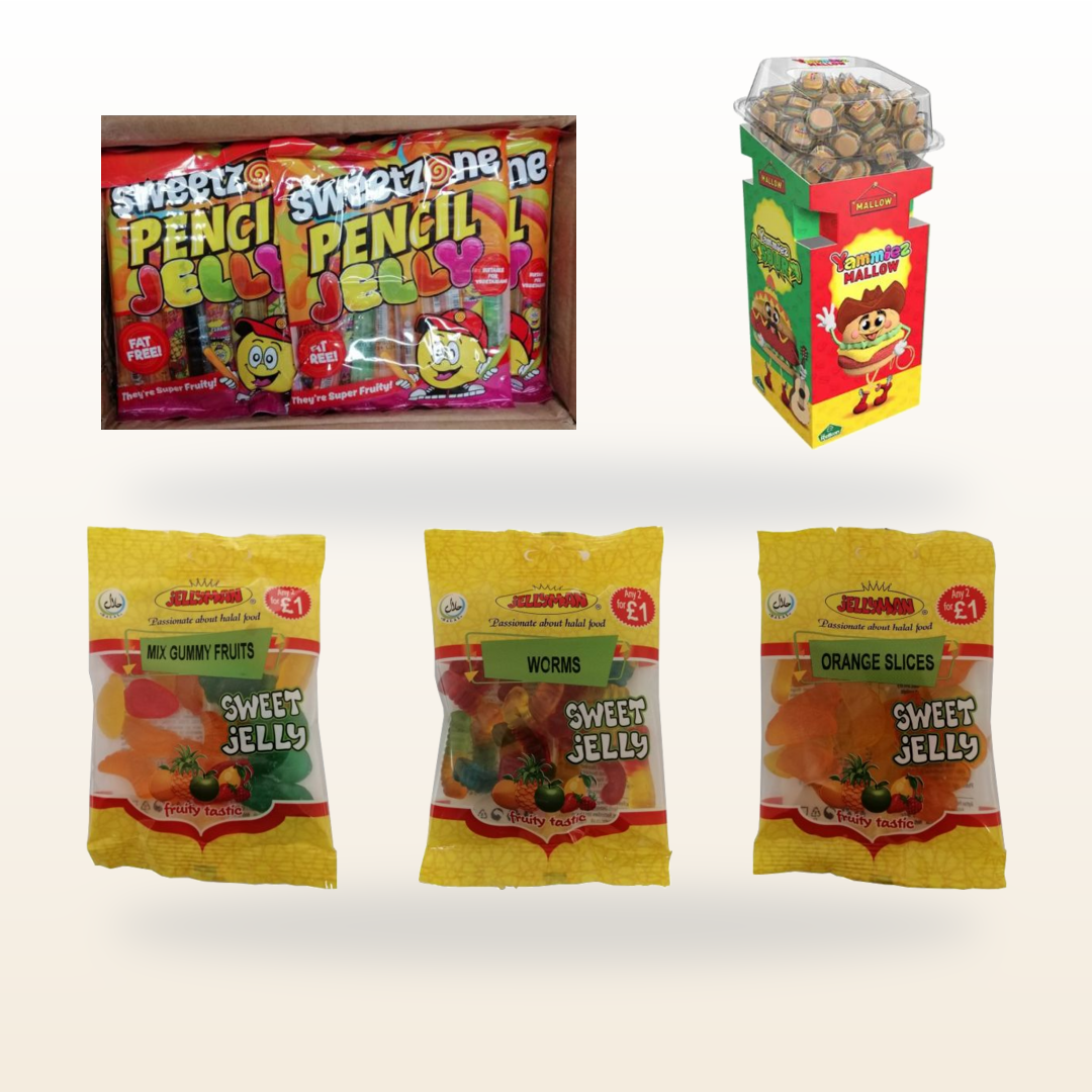 Kids Favourite Sweet Bundle with Sweetzone Pencil Jelly, Jellyman gummies and Relkon Mallow Burgers