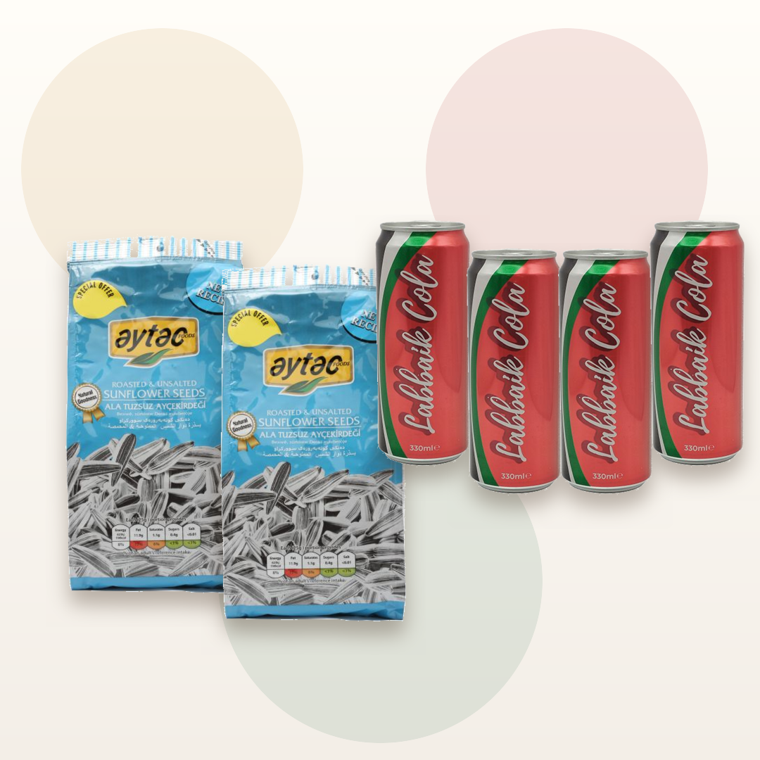 Two Aytac Unsalted Sunflower Seeds bags and four Labbaik Cola cans bundle