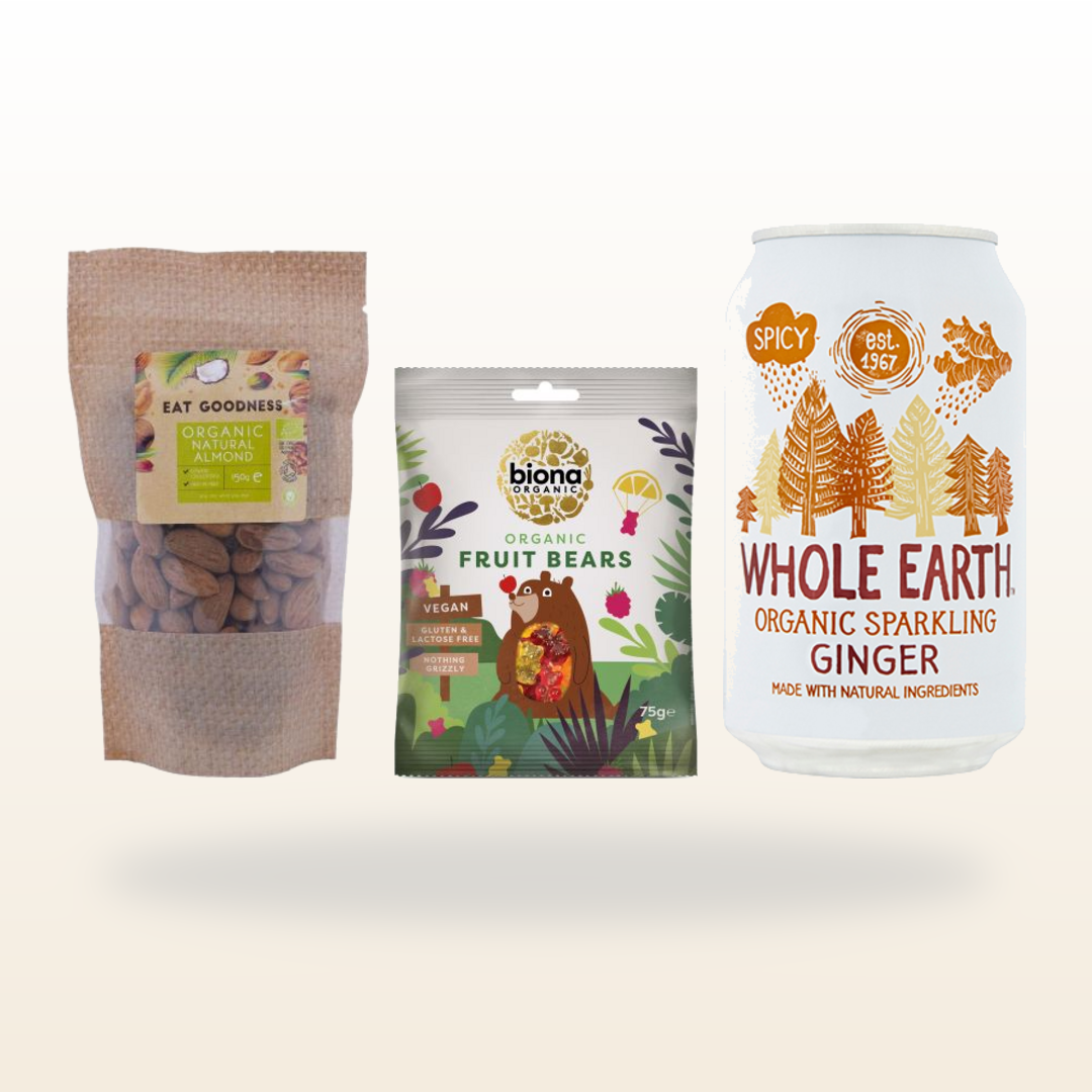 Organic Wellness Trio with Eat Goodness Almonds, Biona Fruit Bears and Whole Earth Sparkling Ginger