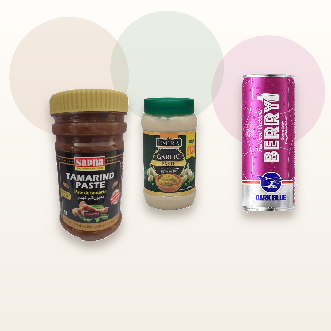 Sapna Tamarind Paste, Emira Garlic Paste and Dark Blue Berry Energy Drink bundle