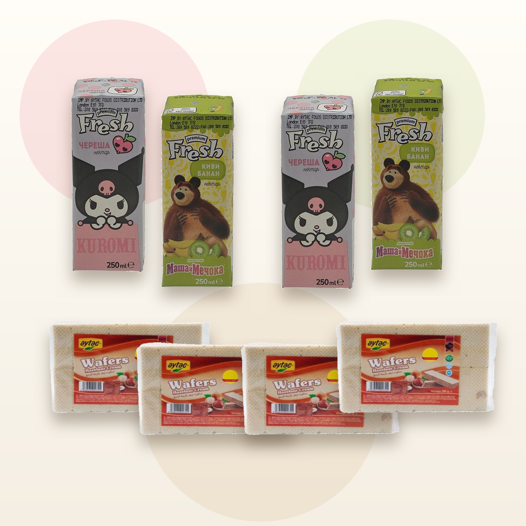 Two Fresh Cherry, two Fresh Kiwi Banana nectars and four Aytac Hazelnut Cream Wafers bundle