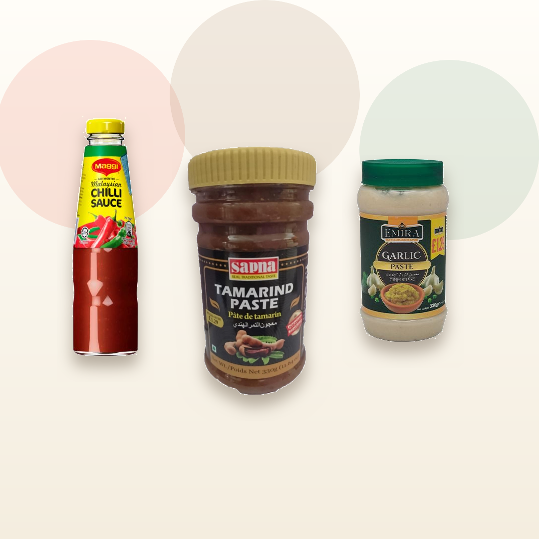 Maggi Chilli Sauce, Sapna Tamarind Paste and Emira Garlic Paste bundle